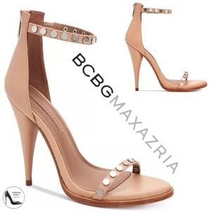 BCBGMAXAZRIA Marie Leather Ankle Strap Dress Sandals Beige Stiletto Heel Pumps 7